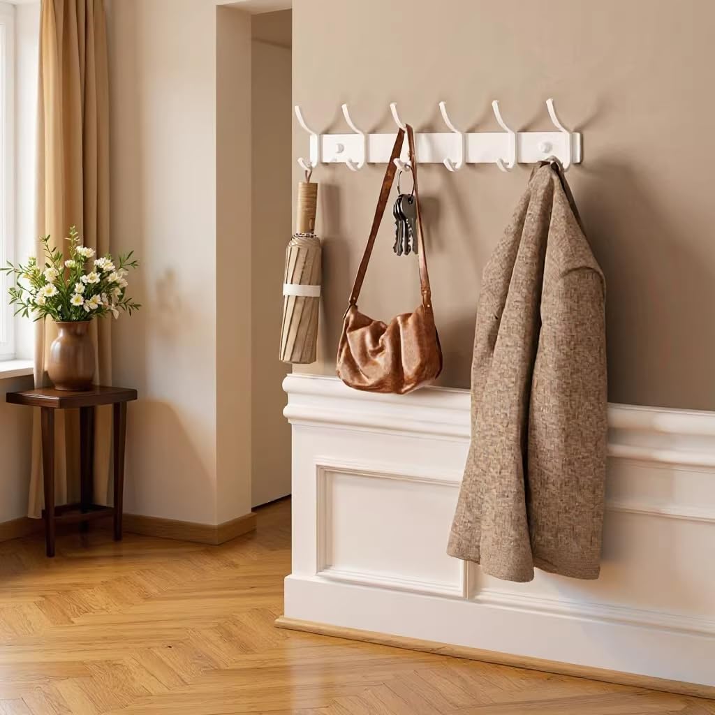 2 Pack White Wall Mounted Coat Rack - 15 Inch Arc Shaped Design with 6 Hooks for Hanging Coats, Bags, and Towels in Entryway, Livingroom, Bedroom, Bathroom and Kitchen