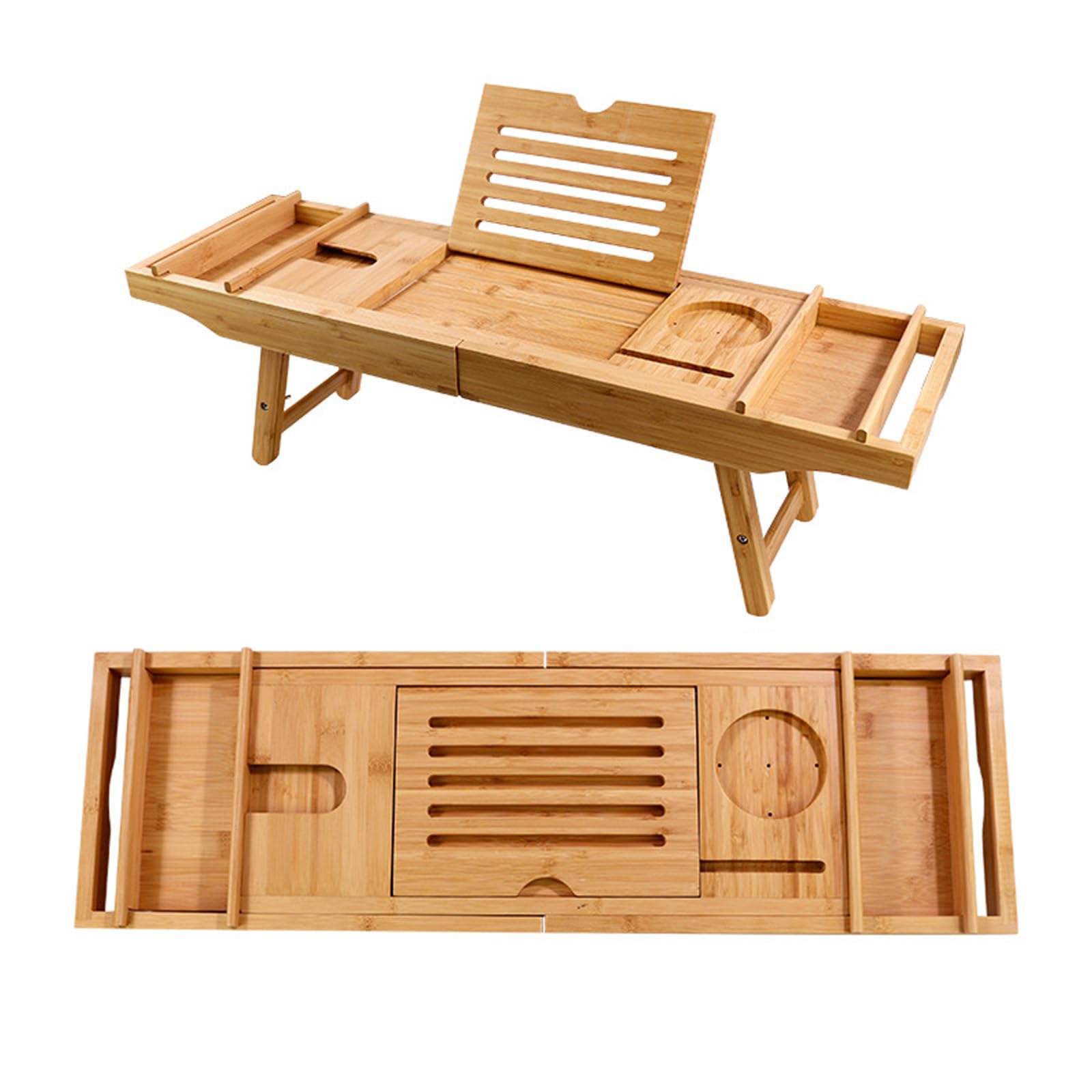 Bandeja de bambú para bañera, bandeja de mesa de baño de bambú con patas de mesa, soporte para libros y copas de vino, bandeja retráctil para bañera de lujo, spa o lectura