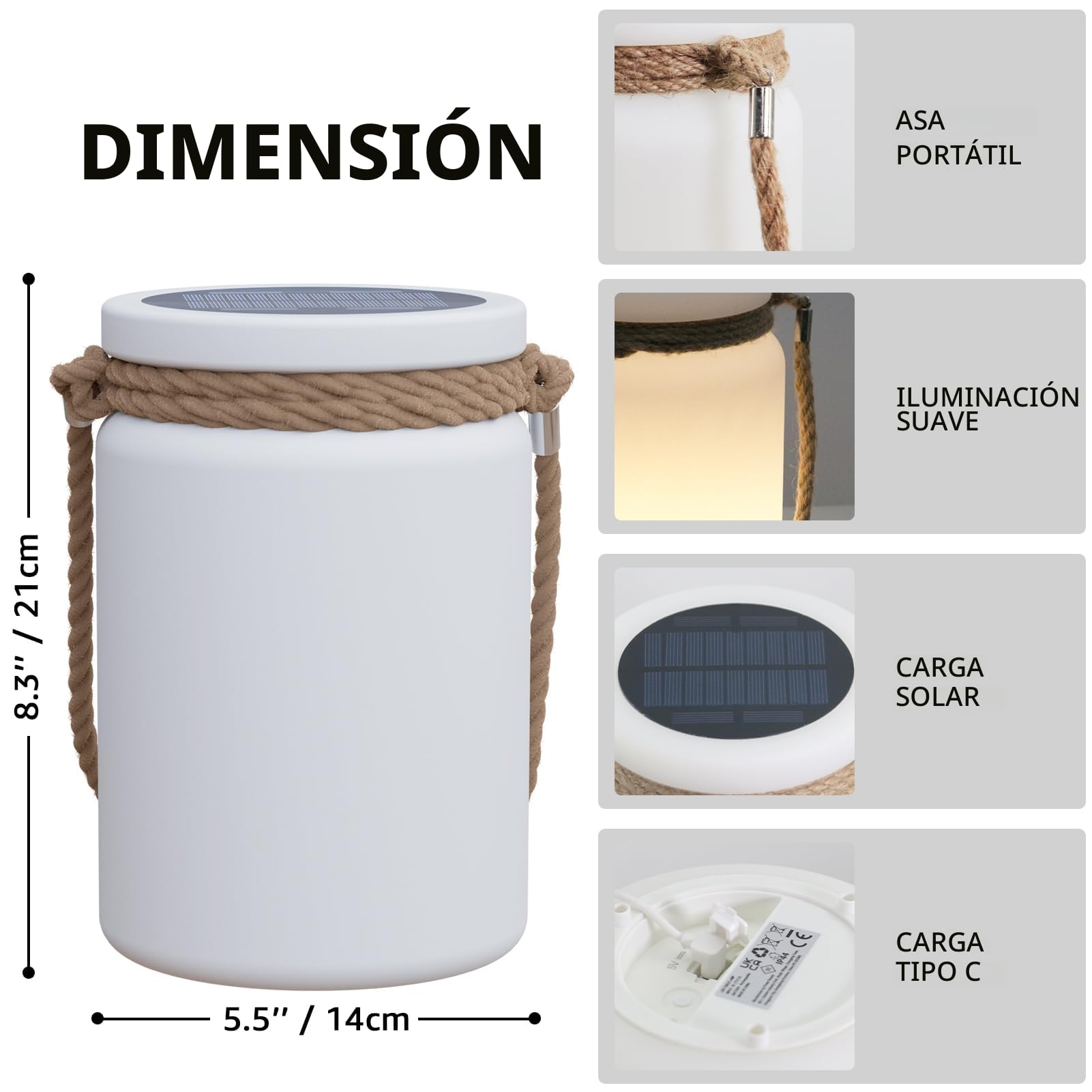 Lámpara de Mesa Solar LED Recargable 2 en 1: Inalámbrica con Control Remoto, 8 Colores Ajustables, IP44 para Balcón Jardín Camping Terraza