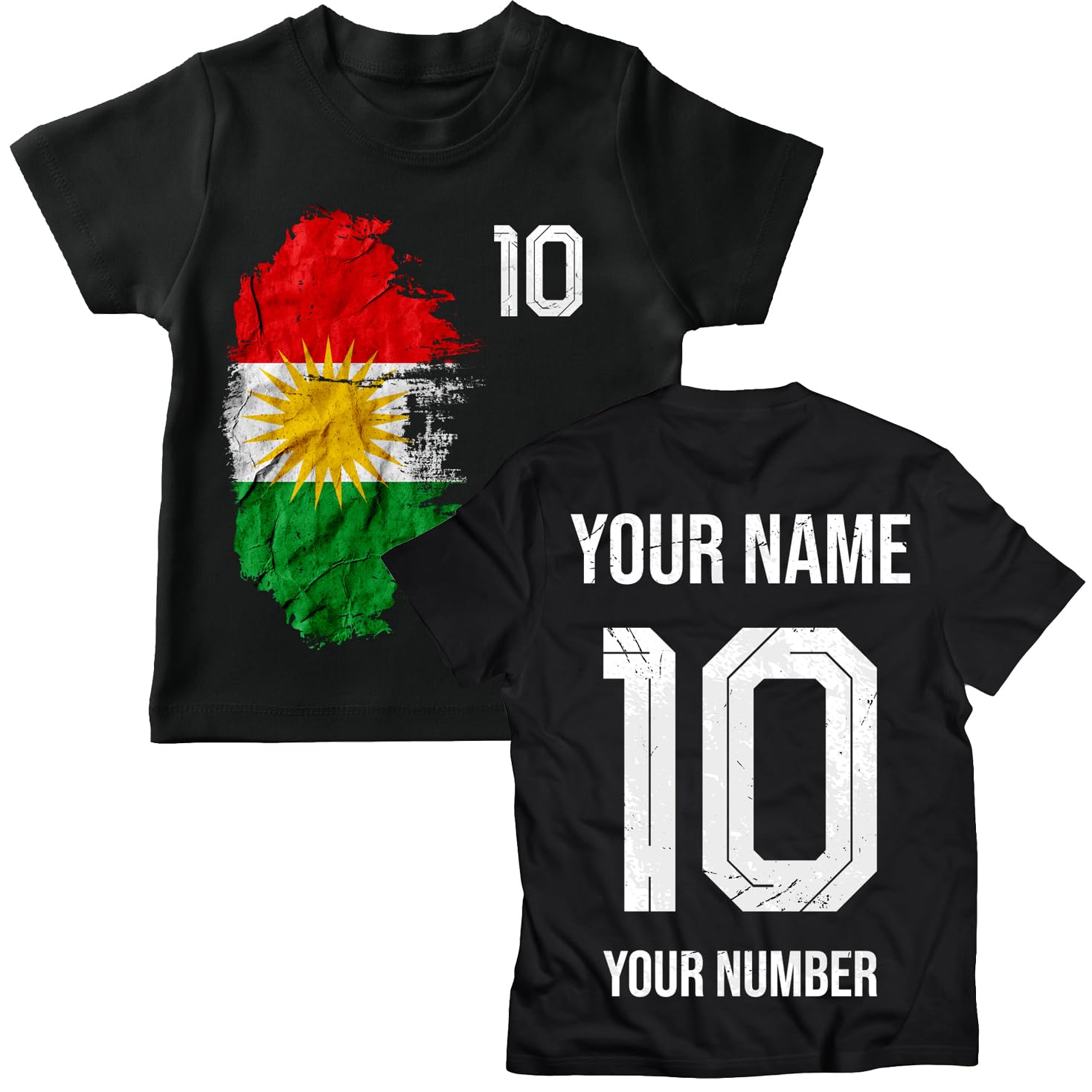 lepni.me Kurdistan 2026 Personalised Kids' Football Fan Graphic Cotton T-Shirt, Custom Name and Number, Short Sleeve Supporters Top (14-15 Years Black Multi Color)