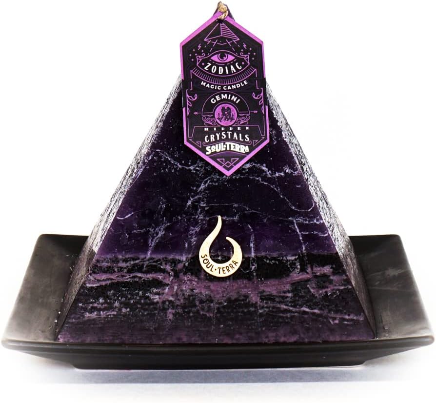 Soul-Terra-Gemini-Zodiac Mystery Crystal Pyramid Candle-Real Crystals, Rings, Amulets and/or Runes Inside-12 Zodiacs-Natural Hemp Wick-75 Hours Burn Time-Candles with Healing Crystals
