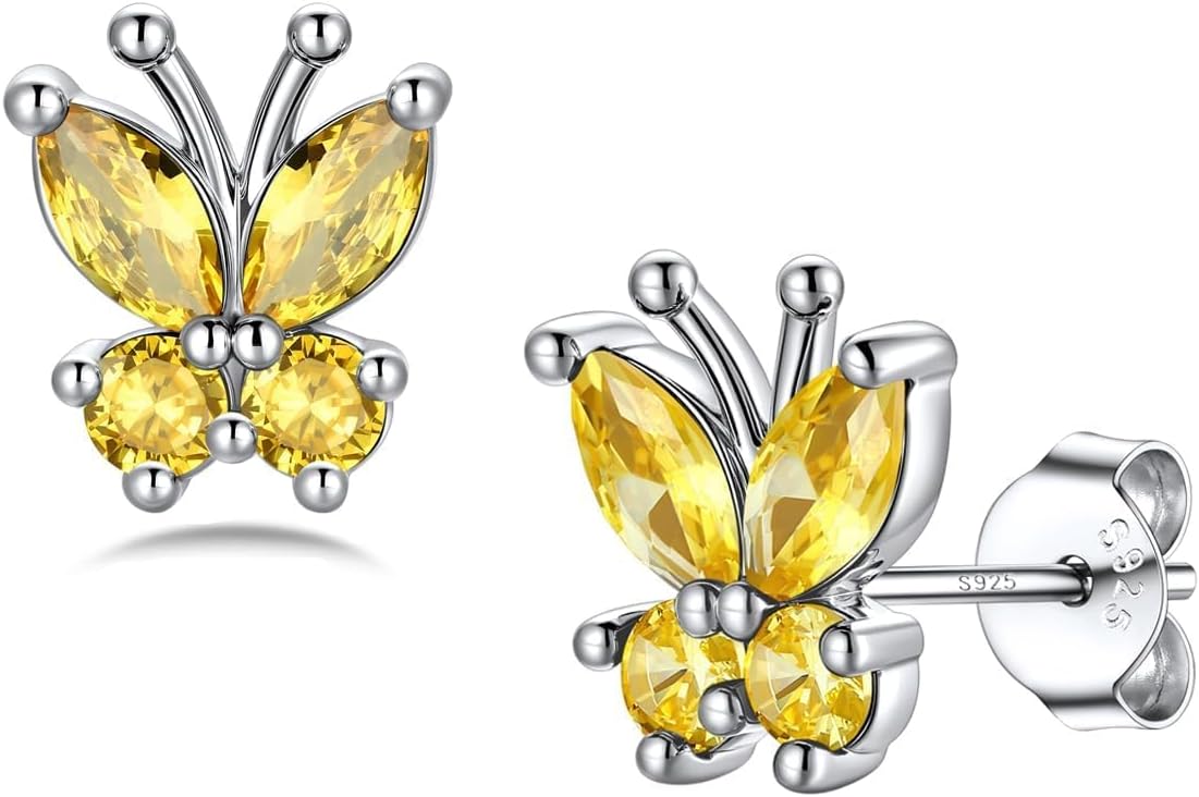 Silvora Birthstone Earrings for Women, 925 Sterling Silver Butterfly Stud, Small Butterfly Earrings Birthstone Jewelry