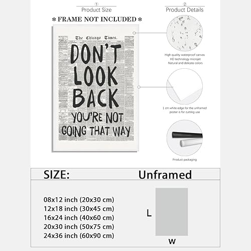 Miniatura 2 de Arte de pared de periódico retro en blanco y negro Dont Look Back Youre Not Going That Way Positive Canvas Print Modern Apartment Aesthetic Poster