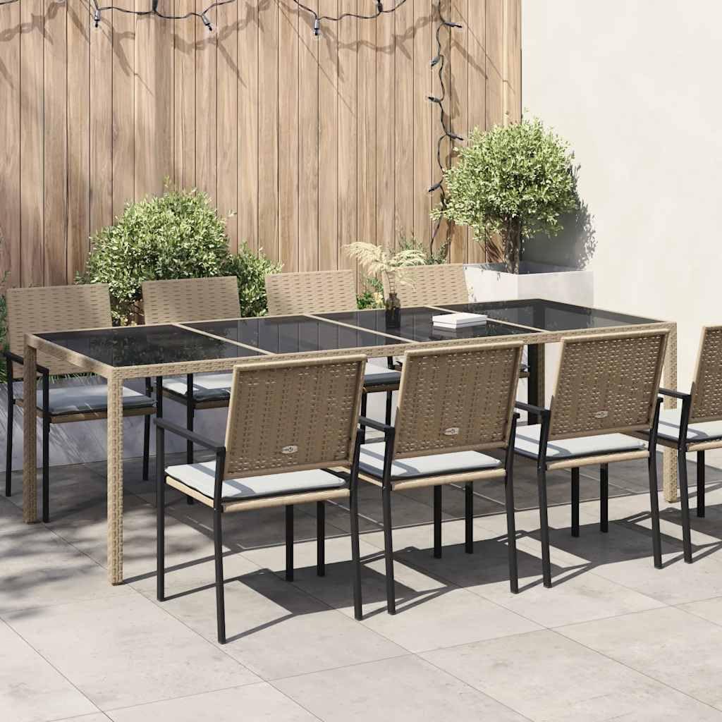 Mesa de jardín beige 250 x 100 x 75 cm con tablero de cristal templado y ratán sintético, resistente a la intemperie, marco de acero pulverizado, ideal para terraza, balcón y uso en