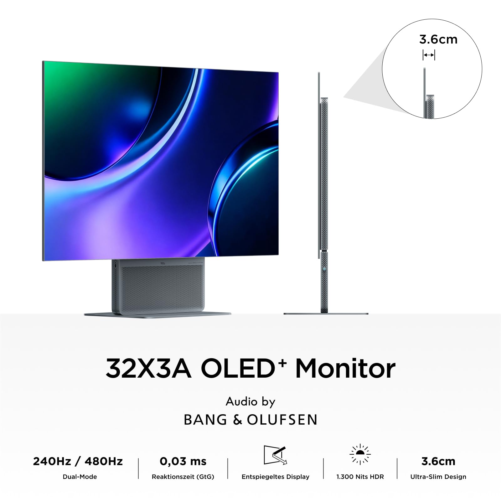 TCL 32X3A OLED+ 4K Gaming Monitor 31,5 Zoll, 240Hz / FHD 480Hz, USB-C 90W