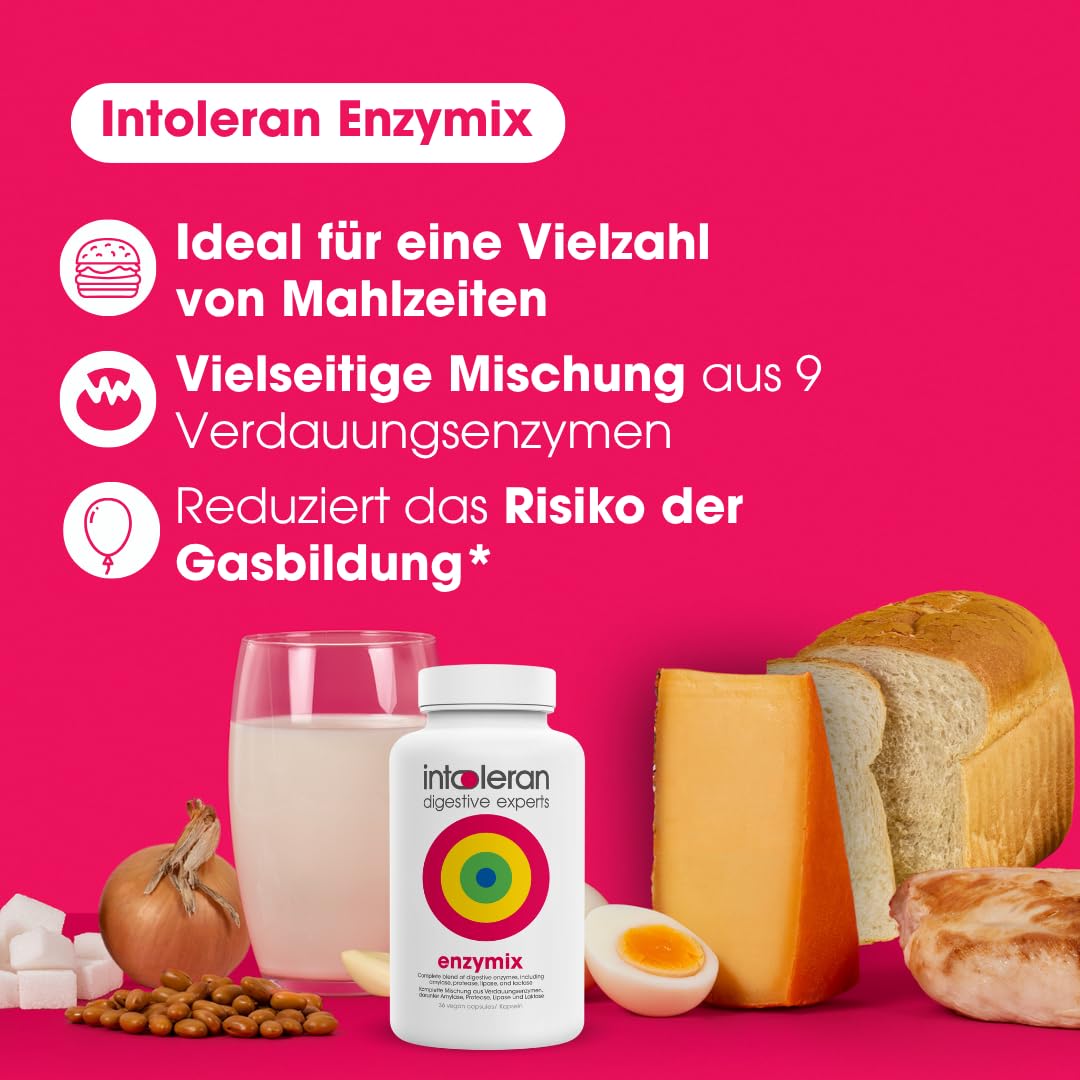 Intoleran Enzymix Verdauungsenzyme – 108 Kapseln | Vollspektrum-Verdauungsenzyme, Spaltet Proteine, Fette, Kohlenhydrate (einschließlich FODMAPs) und Laktose auf