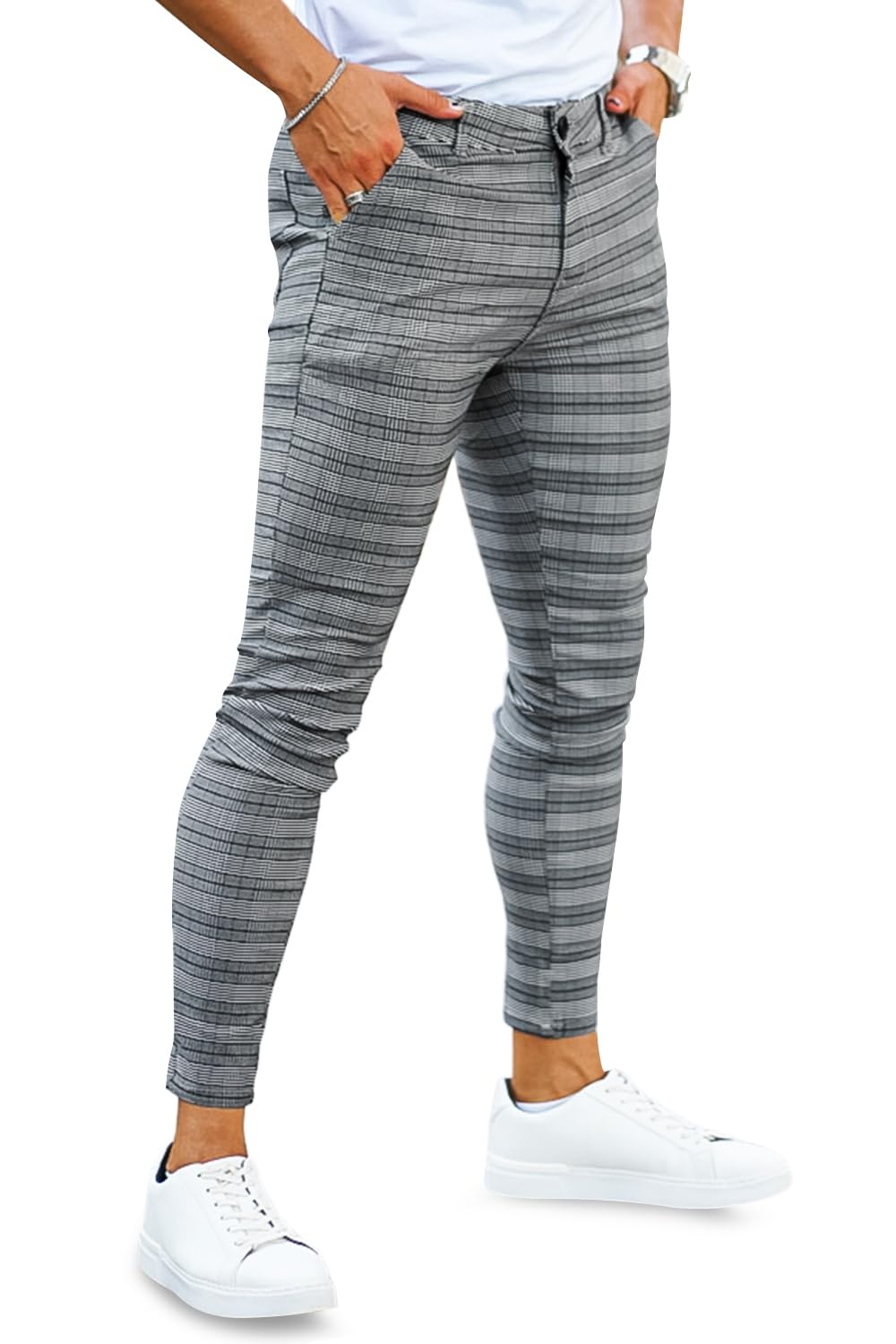 GINGTTO Pantaloni Chino Uomo Skinny Scacchi Elasticizzato Checked