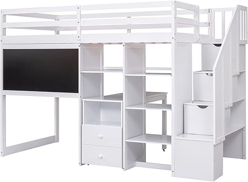 Miniatura 4 de MOEO Cama loft de tamaño individual con escritorio extraíble y estantes de almacenamiento y pizarra marco de cama de madera con escalera para niños
