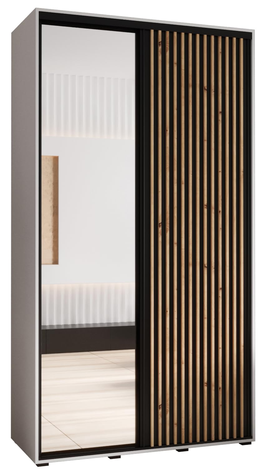 Armadietto moderno a 2 ante con specchio scorrevole, elegante design artigianale nero, per camera da letto e soggiorno, spazioso contenitore con asta, 235,2 x 140 x 45 cm