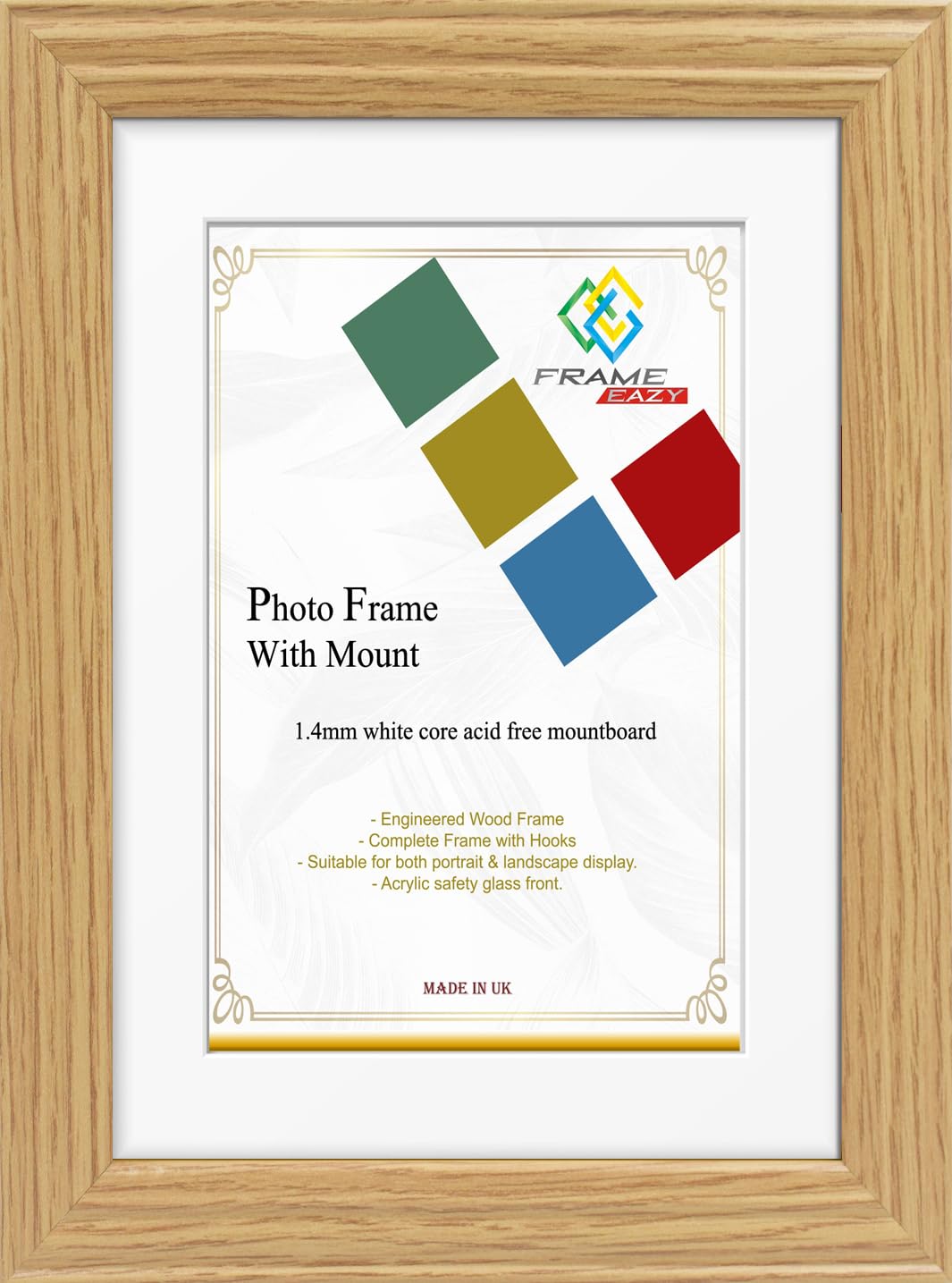 FRAME EAZY Oak 36x24 Photo Frame with 30x20 White Mount - Antique Style Picture Frame With Safe Perspex Front - Frame 36" x 24" For Picture Size 30" x 20"