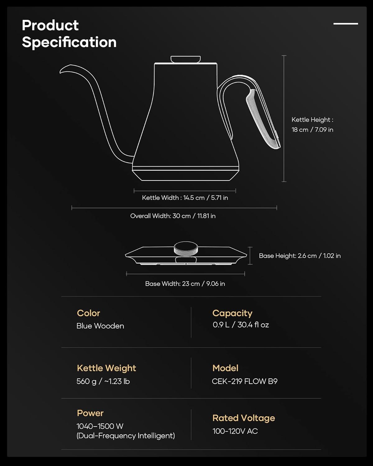 Cocinare FLOW B9 Gooseneck Electric Kettle, Precise Temperature Control for Pour-Over Coffee & Tea Brewing, Stainless Steel Interior, Rapid Heating for Boiling Water 1500W/0.9L (Picasso Blue)