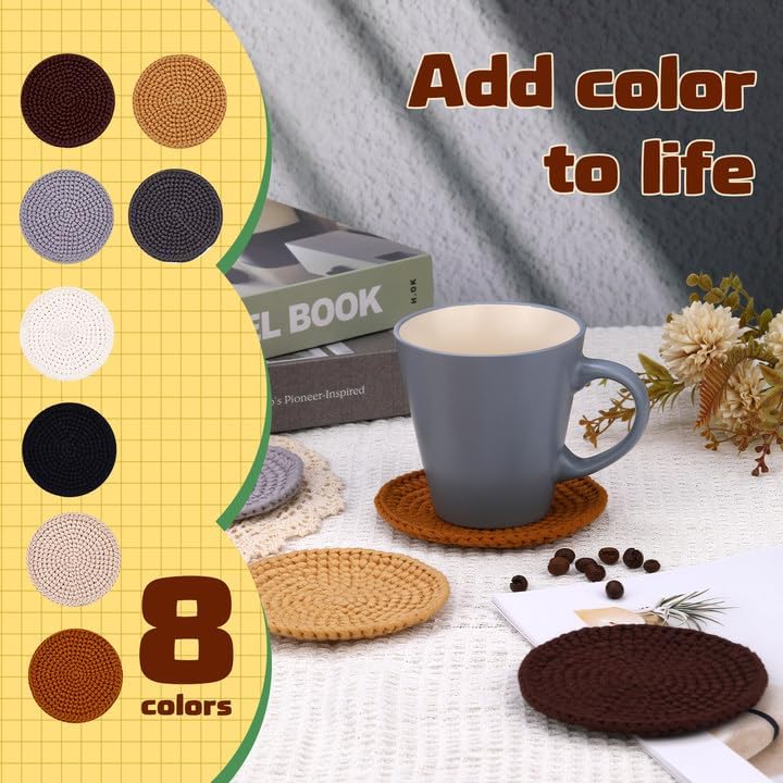 Miniatura 5 de UzecPk Kit de ganchillo para principiantes, kit de tejer, 8 piezas de posavasos de ganchillo con hilo de ganchillo, gancho de ganchillo, video de