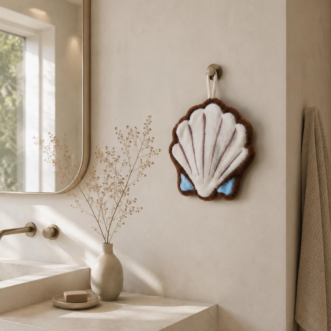 Ocean Themed Soft Coral Fleece Hand Towels, Shell