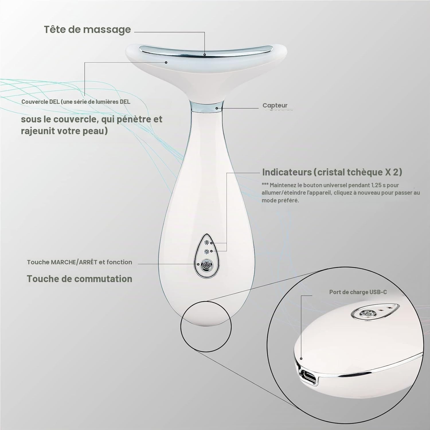 VRAIKO Lily Neck massage du visage, dispositif de rajeunissement de la peau avec thérapie thermique, LED à triple action et Vibration, pour le levage et le serrage anti-âge (blanc perle)