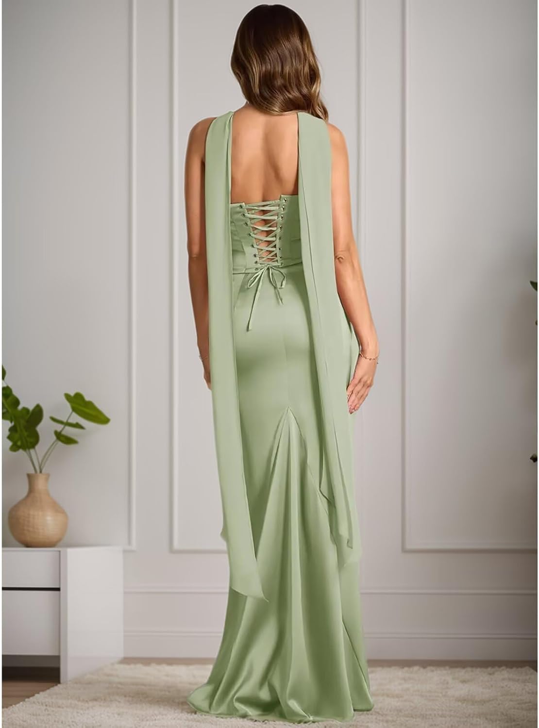 WIOJEIGO Satin Mermaid Bridesmaid Dress for Women Long 2026 Halter Neck Side Slit Lace Up Wedding Guest Dresses with Scarf