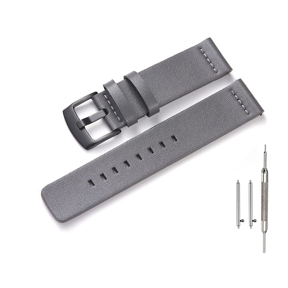 Quick Release Leather Watch Band - 18mm 20mm 22mm 24mm Replacement Wrist Strap for Men Women (22MM, Gray/Black Buckle)