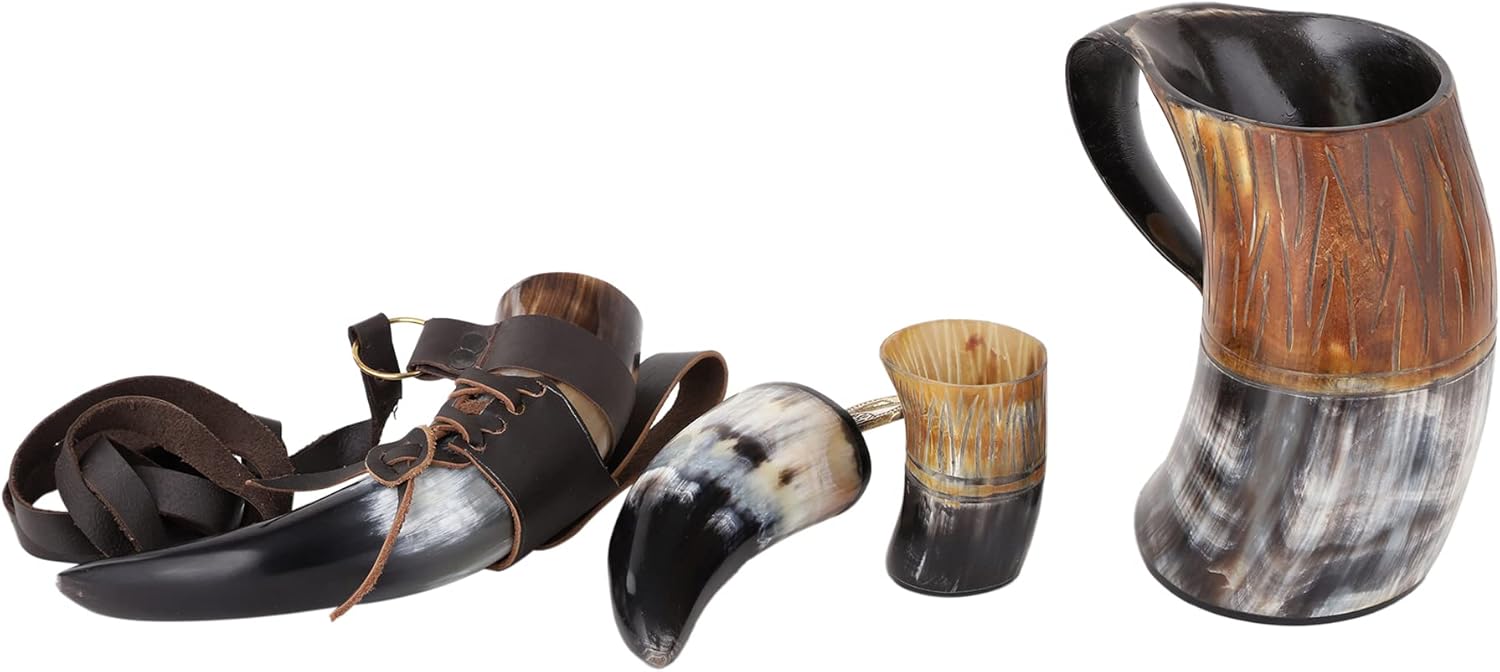 Viking Drinking Horn Mug Set | Handmade Medieval Beer Mug & Cups | Carved Natural Horn Tankard with Leather Holster | Leak-Proof Ale Coffee Tea Cup Rustic Barware