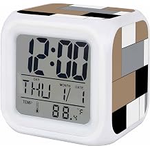 Brown Grey Square Digital Alarm Clock, Modern Brown Geometric LED Bedside Clock with Silent Non-Ticking Movement & Adjustable Glow Night Light, Easy to Set for Bedroom, Kids/Teens/Seniors