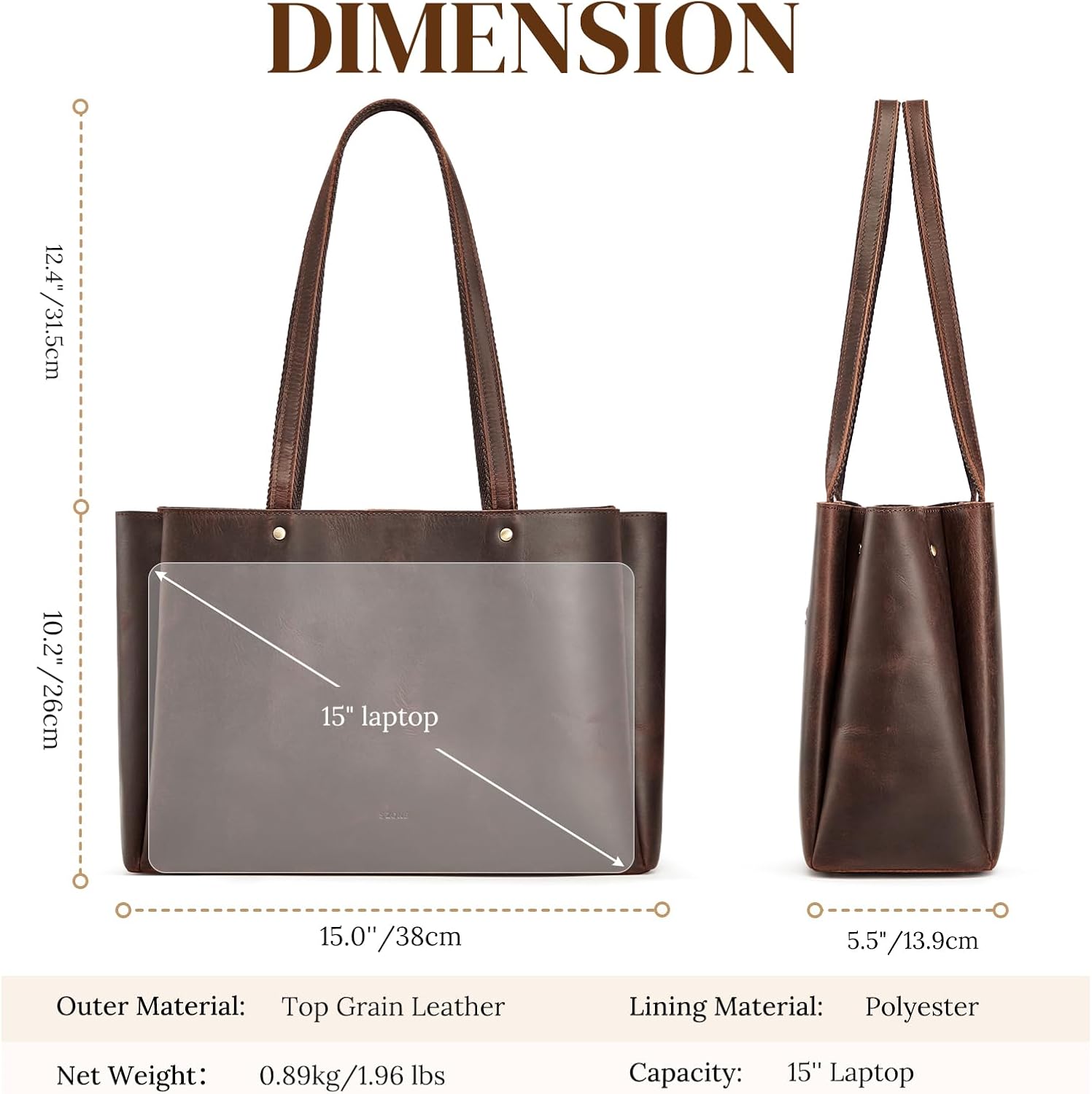 S-ZONE Genuine Leather Tote Bag for Women Work Large Shoulder Handbag with Zipper Compartment for Travel Professional