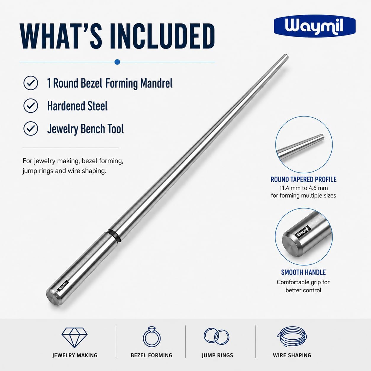 WAYMIL Round Bezel Forming Mandrel, Hardened Steel Tapered Jewelry Mandrel for Bezel Settings, Jump Rings, Wire Wrapping, Round Links and Jewelry Making Components
