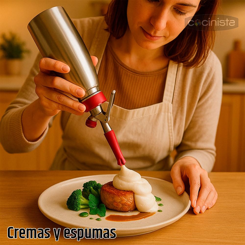Cocinista Kit de Cocina Moderna y Molecular con Sifón 0,5 L, 20 Cargas N2O, Termómetro con Sonda, Balanza de Precisión y Utensilios de Esferificación para Espumas, Nata y Decoración