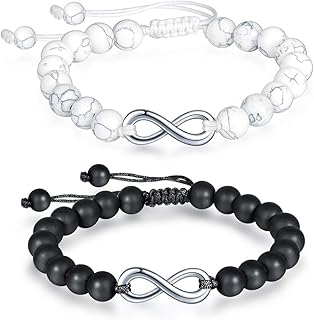 MicVivien Partner bracelets made of gemstones with infinity eternal sign charm, Matt onyx, Onyx