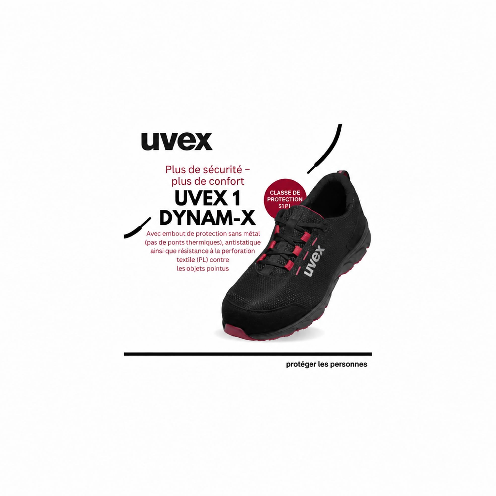 Uvex 1 x Dynam-x S1 PL buty ochronne – bez metalu, wyjątkowo lekkie i oddychające – męskie i damskie – antypoślizgowe – czarne/czerwone – szerokość 11