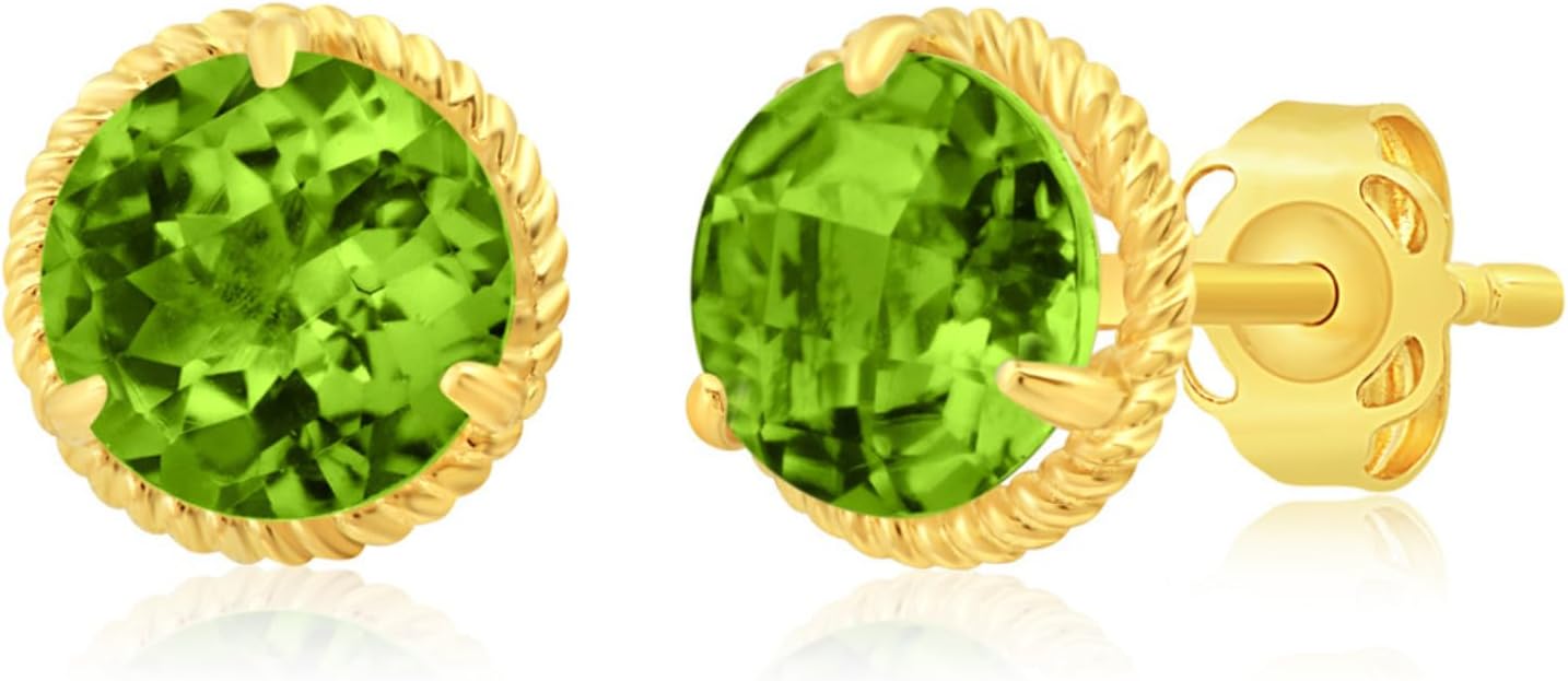14k White or Yellow Gold Roped Halo Gemstone Round Stud Earrings for Women 6mm Birthstone with Push Backs by MAX + STONE