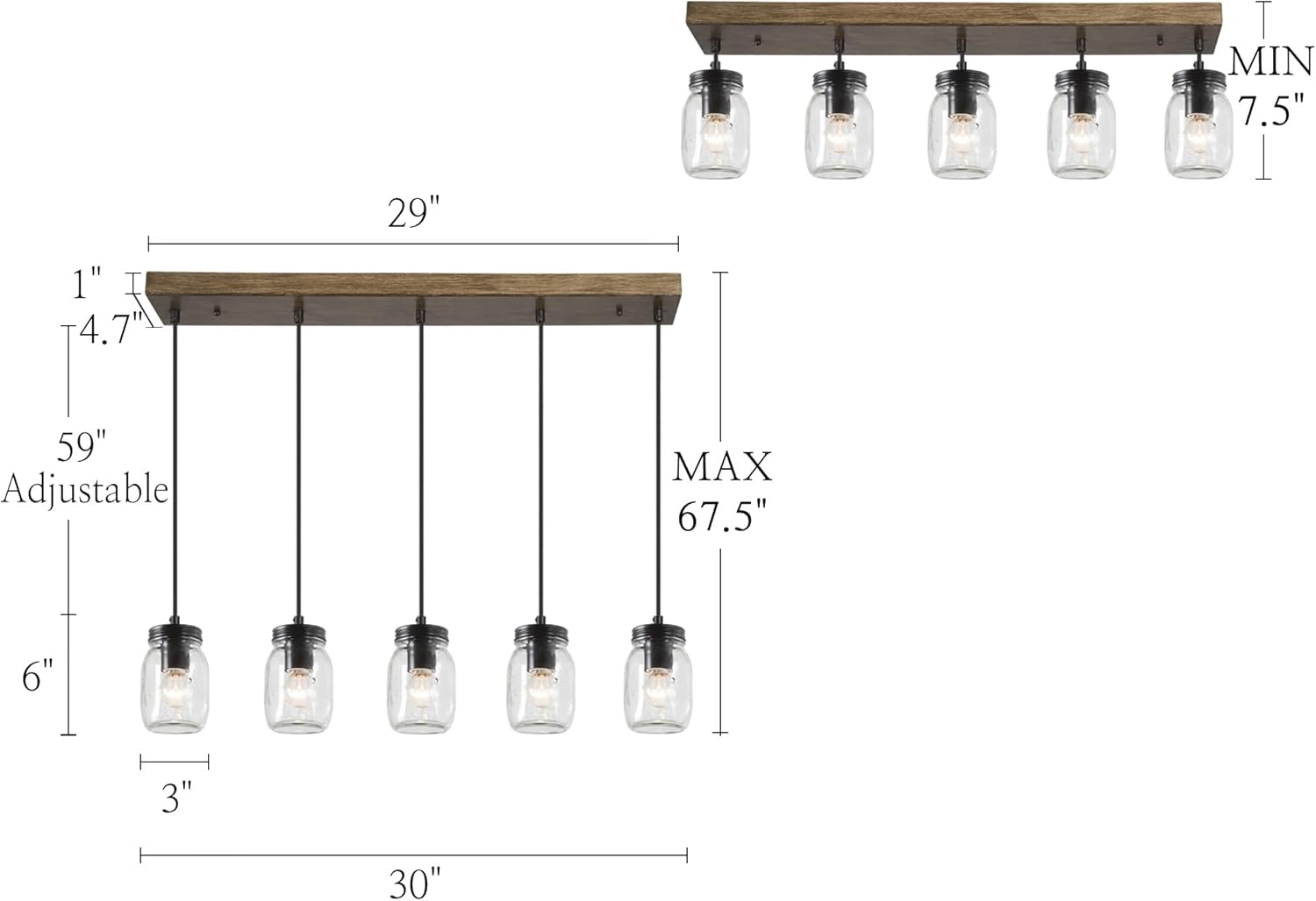 KSANA Farmhouse Chandeliers, 5 Light Mason Jar Pendant Light Kitchen Island, Faux Wood Chandelier Light Fixtures for Dining Room