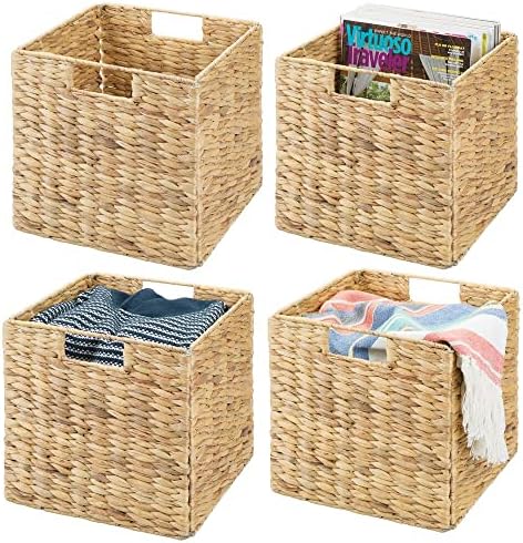 mDesign Storage Basket - Set of 4 - Foldable Water Hyacinth Storage Box - Basket Storage Unit Ideal for Storing Clothes, Toys or Magazines - with Wickerwork Pattern - Natural