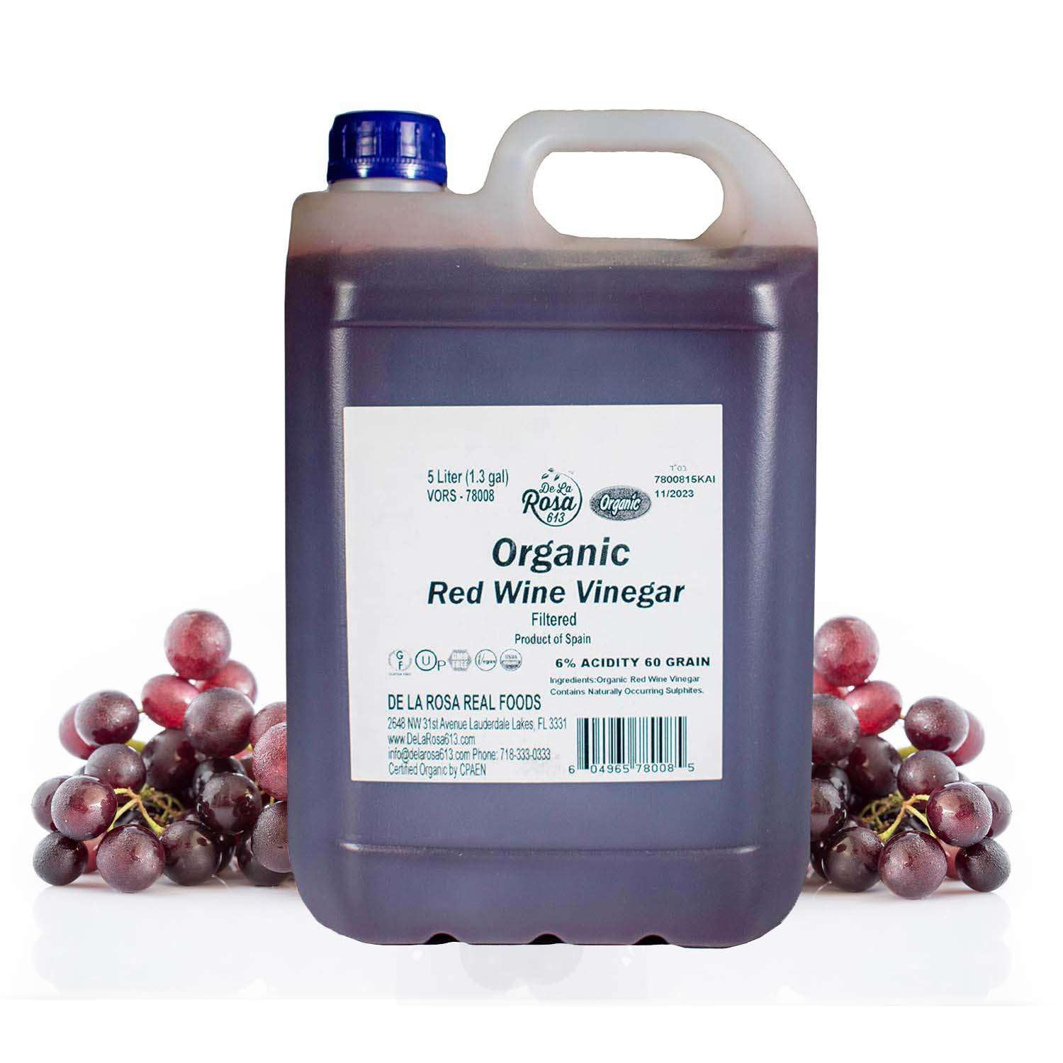 De La Rosa Organic Red Wine Vinegar, Filtered, Kosher for Passover, Vegan, Non-GMO & Gluten Free, Great for Salad Dressings, Marinades & More, Organic Red Wine Vinegar, 5 Liter (Pack of 1)