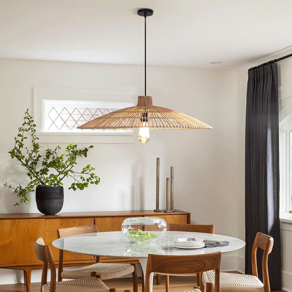 Rattan Weaving Pendant Light Fixture – Hand-Woven Bamboo Chinese Style Chandelier, Retro Basket Pendant For Dining Room & Kitchen Island