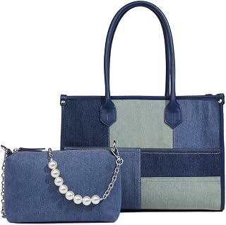 Denim Tote Bag Large for Women - Stylish Canvas Panels Contrast Tote Bags Cross-body Bag Women's Traveler Tote