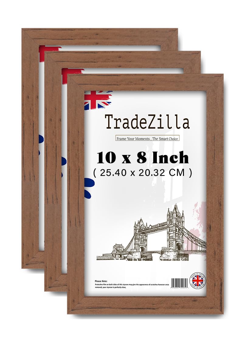 TradeZilla pack of 3 Perfect for Home, Office, (25.40 x 20.32 CM) Picture Frame for Posters, Certificates, Solid Eton Wood, MDF Wall Mounted Frame with Hanging Hooks, Home Décor [ Walnut ]