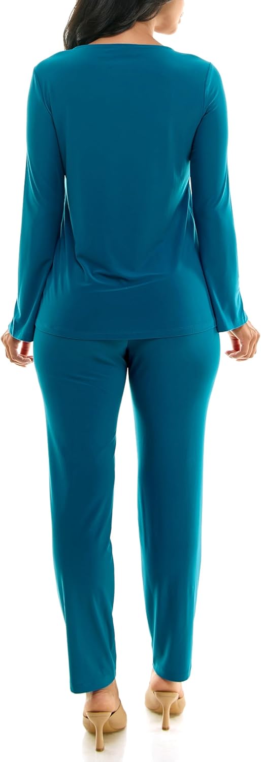 NINA LEONARD scoop neck embellished shoulder long sleeve with elastic waist pant DEEP WINE GOLD/S, Small