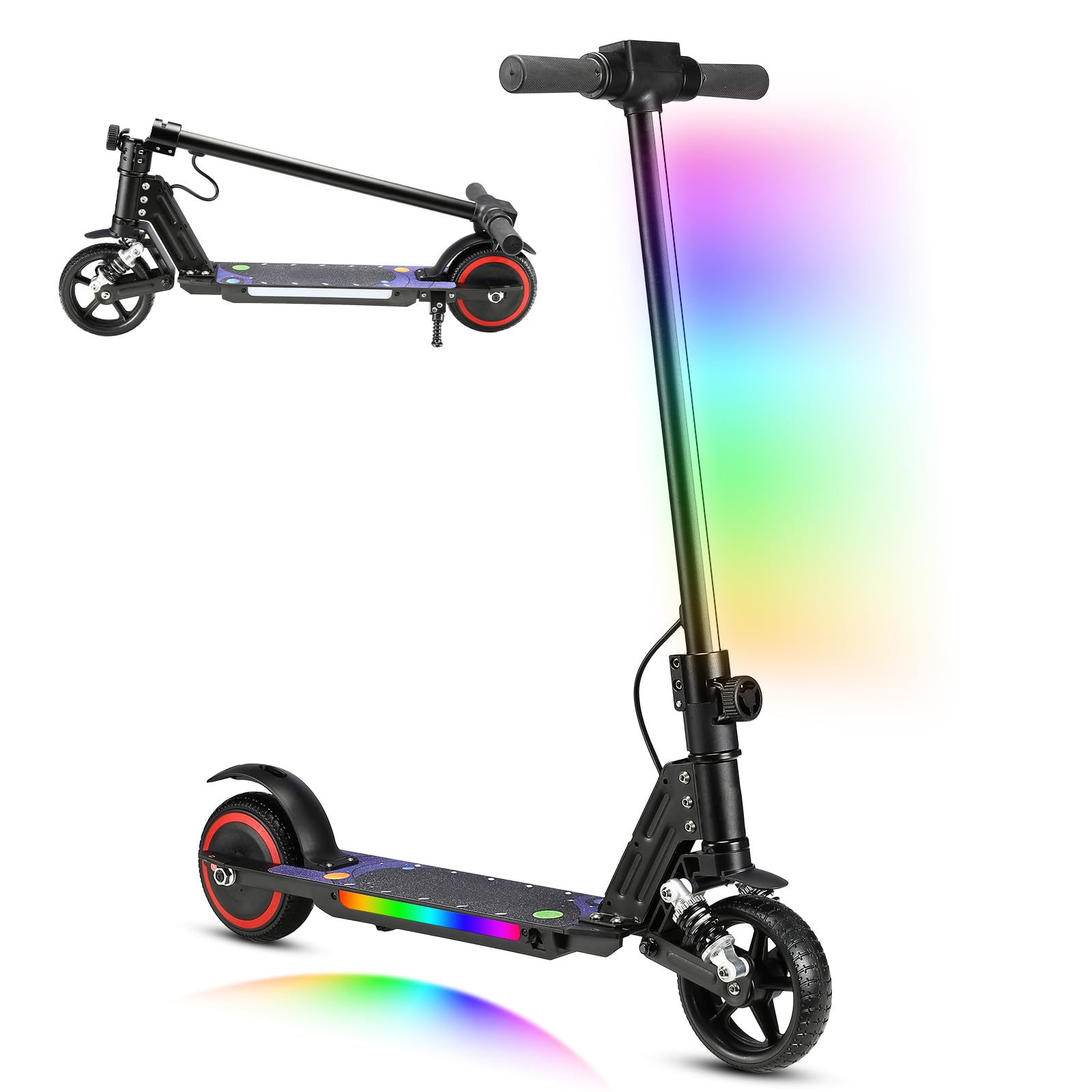 scoot4kids Kids Electric Scooter, Ages 6-12,130W Motor, 14 km/h Max Speed, 8 km Range, Colorful LED Lights, Foldable Design, Safe E-Scooter for Boys and Girls, Gift for Children and Teens (Black)
