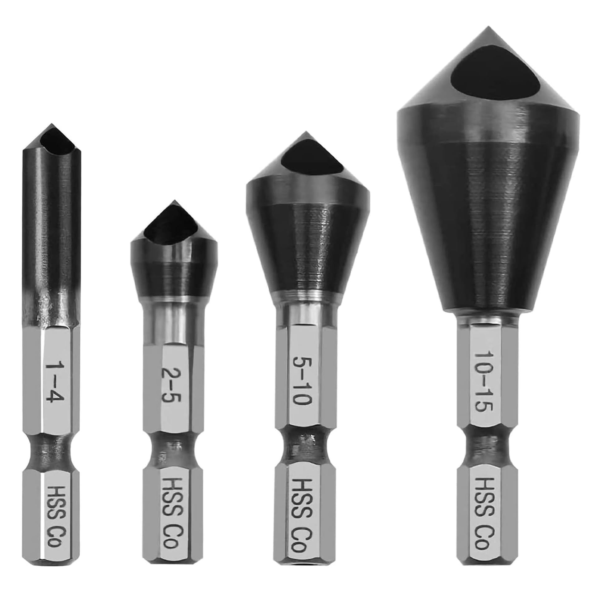 KEWAYO 4 Pieces Countersink Chamfer Tool, HSS M35 Cobalt Tiain Coated, 1/4 Hex Shank 90 Degree Chamfer Drill Bit, for Wood, Copper, Aluminum, Iron, Stainless Steel Reaming Deburring