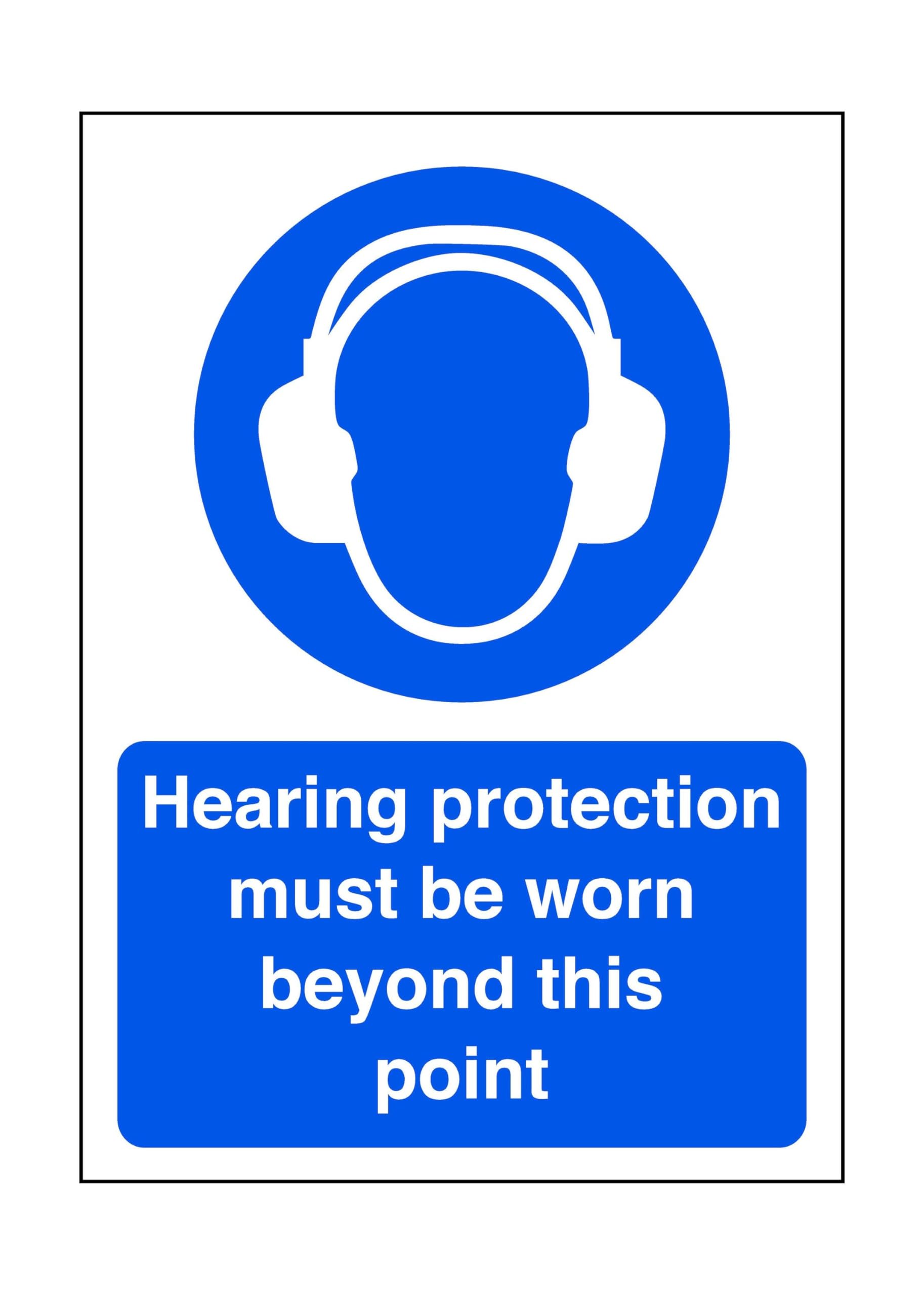 Safety First Display Ltd Blue/White Hearing Protection Must Be Worn Beyond This Point - Safety Sign, Ppe Clothing, Ppe - High Tack Self-Adhesive Sticker (300Mm X 200Mm) Viewing Distance Within 7M.