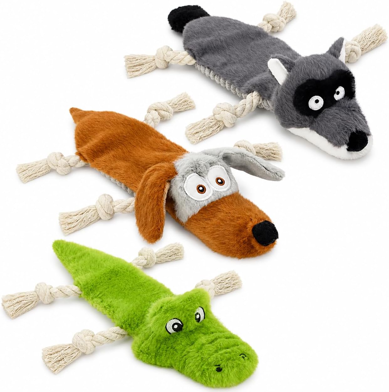 3-Pcs No Stuffing Dog Toys, Squeaky Crinkle Plush Toys with Sliding Ropes