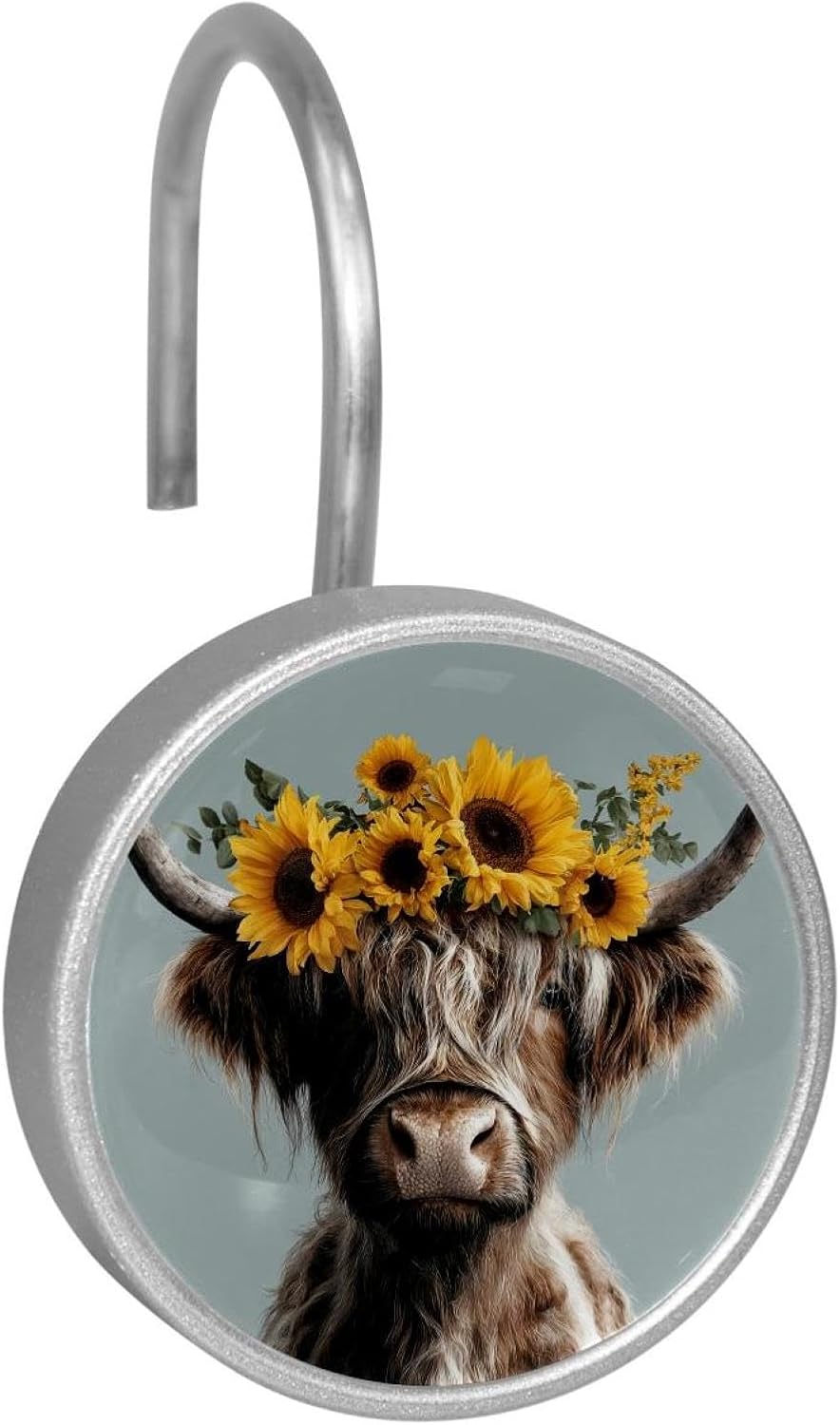 Highland Cow Sunflowers (2) Crystal Glass Shower Curtain Hooks Rings Decorative Bathroom Decor - Set of 12