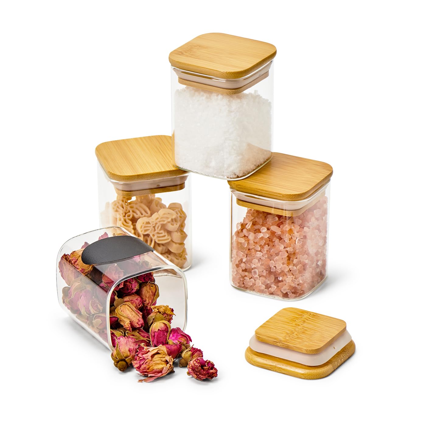 EZOWare - Lote de 12 tarros de especias cuadrados de cristal, 180 ml, pequeños frascos herméticos con tapa de bambú de almacenamiento para conservar especias de cocina, té, hierbas