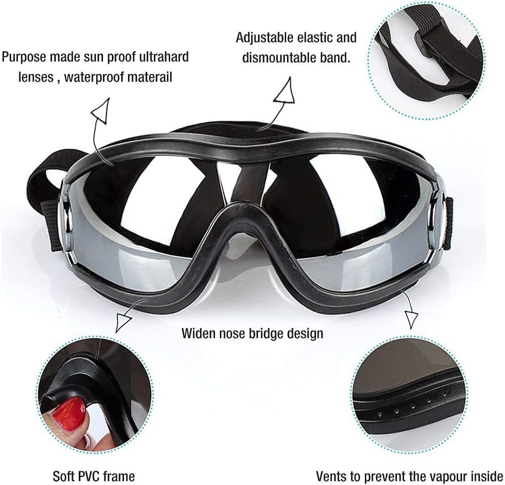 Dog Sunglasses Large Breed Dog Goggles Adjustable Strap Snow-Proof Waterproof Doggles UV Prevent Clear Lens for Sensitive Dog Eyes Protection for Medium to Large Dog