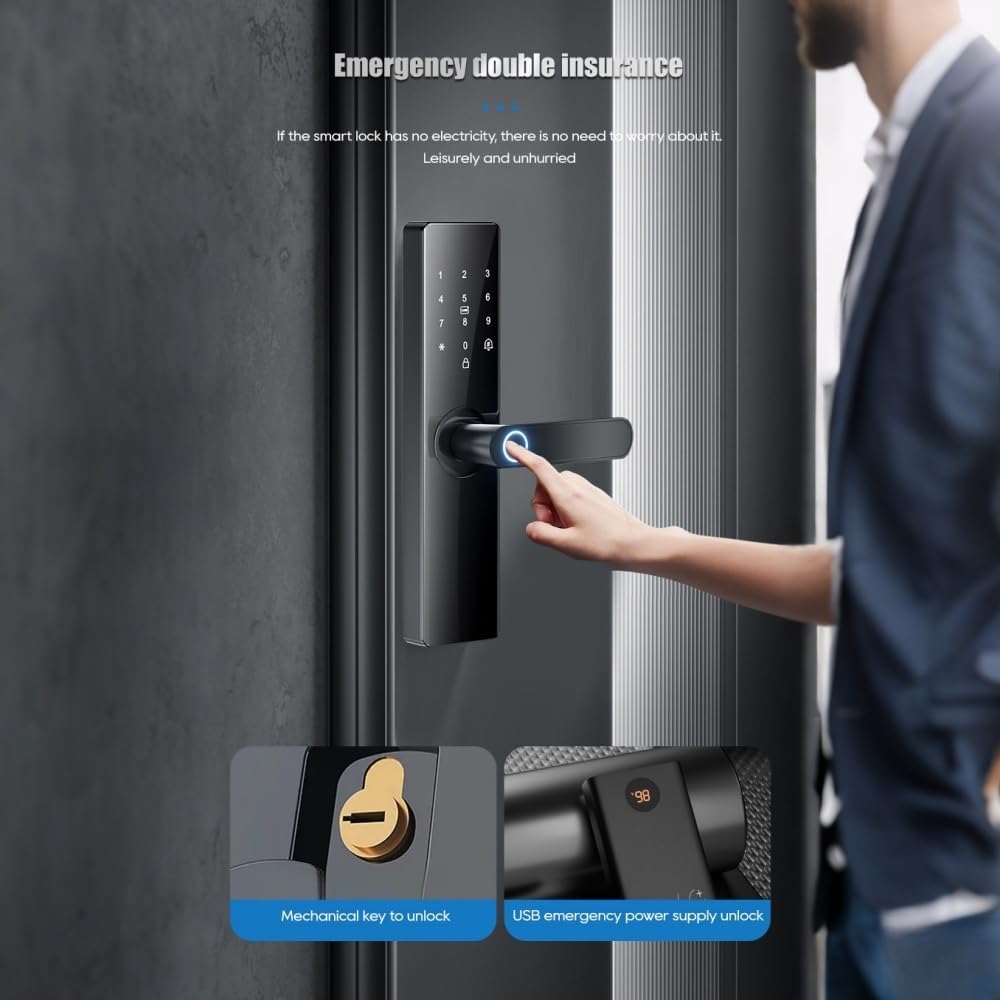 Image showing both mechanical key unlock and USB emergency power supply for the smart lock.