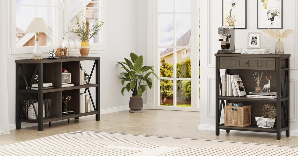 FATORRI Rustic 6 Cube Storage Organizer Bookshelf and Small Bookshelf with Drawer