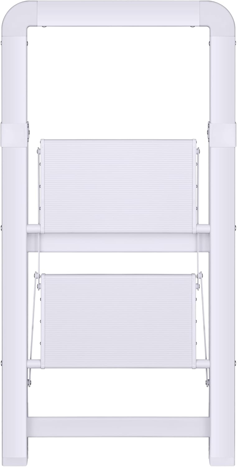 Step Ladder Folding 2-Step White Finish Aluminum Foldable Step Ladders,Anti-Slip for Home & Kitchen Office 330 lbs
