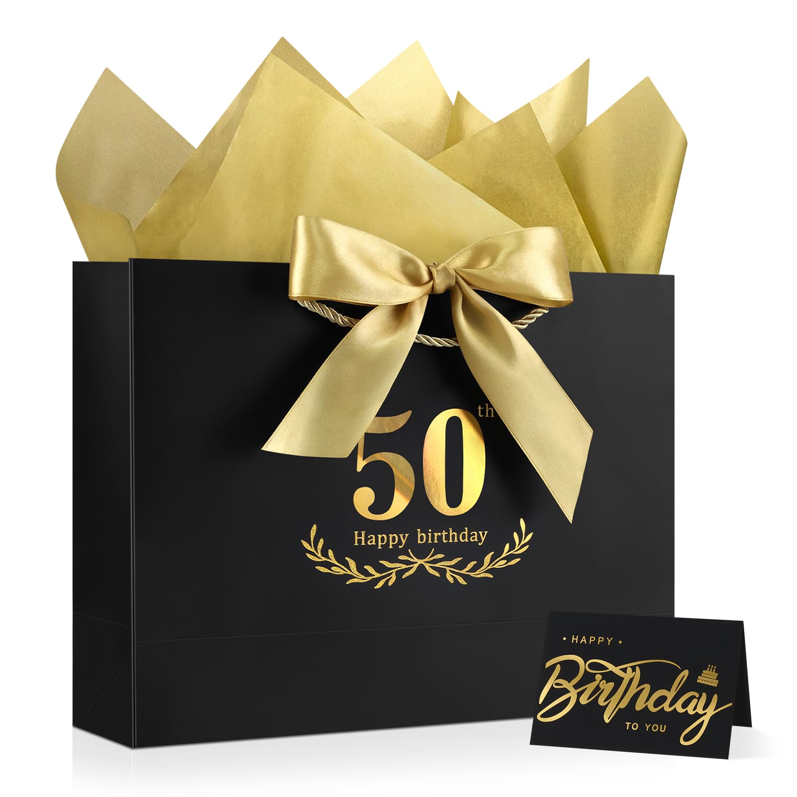 JMANNI Black Gold 50th Birthday Gift Bag with Card and Tissue Paper, 12.6"×9.84"×3.9" Elegant Present Bag for Men Women, 50 Year Old Birthday Keepsake Party Supplies