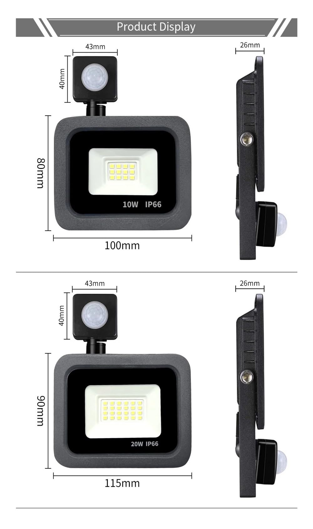 Reflektory LED na zewnątrz, Czujnik ruchu PIR LED światło halogenowe zewnętrzne wodoodporne reflektory 100W 50W 30W 20W 10W reflektor ścienny oświetlenie zewnętrzne do garażu, podwórka, trawnika, ogro