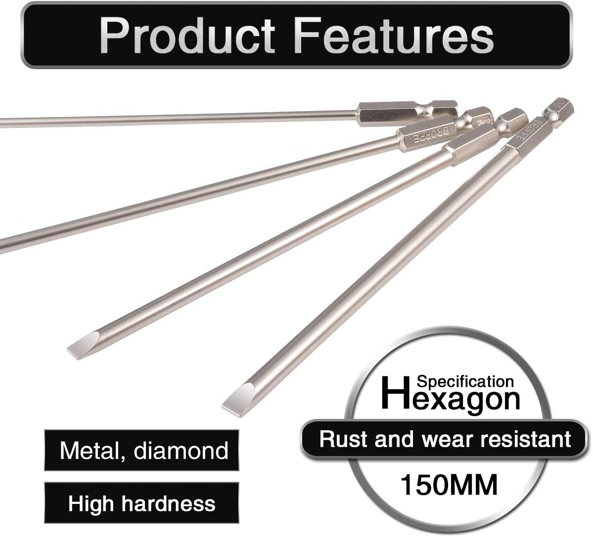 4pcs 150mm Magnetic Flat Head Slotted Tip Screwdrivers Bits Set 1/4 Inch Hex Shank Dia. 3mm 4mm 5mm 6mm