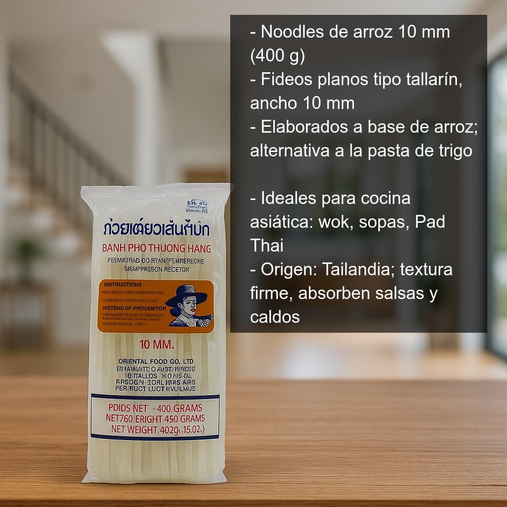 Fideos de arroz anchos 10 mm 400 g para Pad Thai, wok y sopas