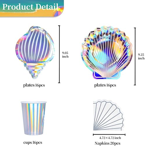 Miniatura 6 de Vasos de papel de conchas marinas, suministros de fiesta de sirena, vajilla desechable con purpurina iridiscente del mundo oceánico para bodas,